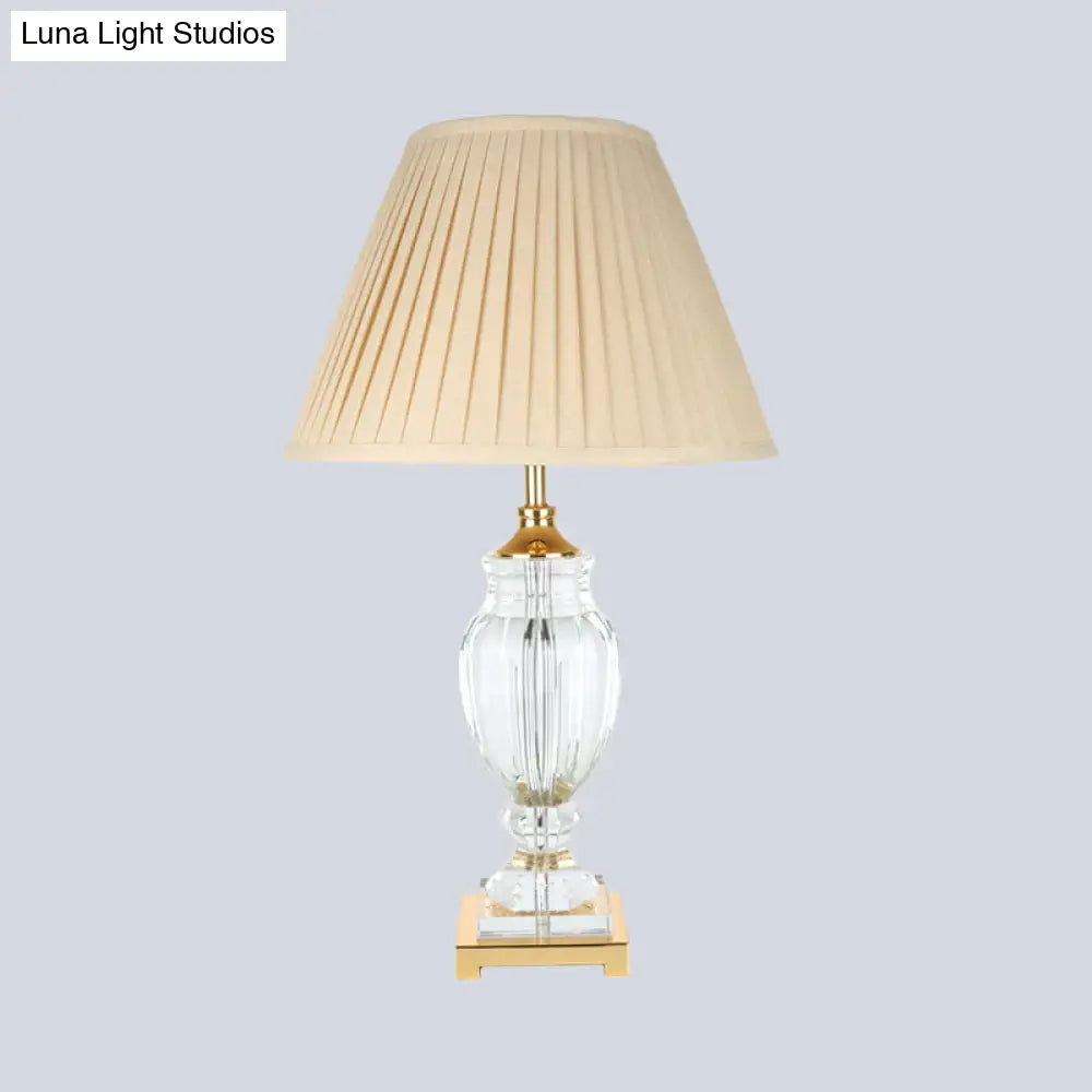Contemporary Crystal Table Lamp - Beige Conical Desk Light With Fabric Shade