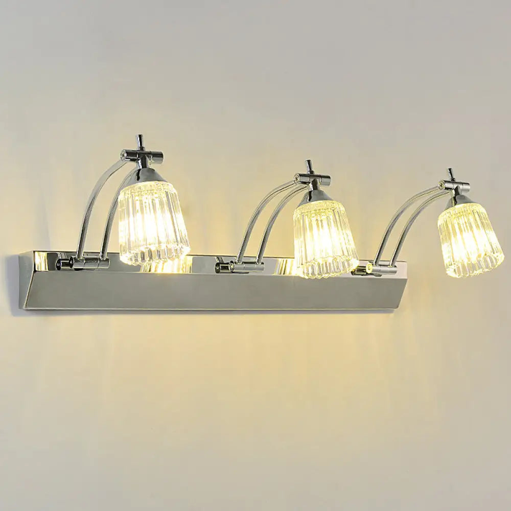 Contemporary Crystal Vanity Light - Fluted Clear Shades Silver Finish 3 Heads Warm/White / White
