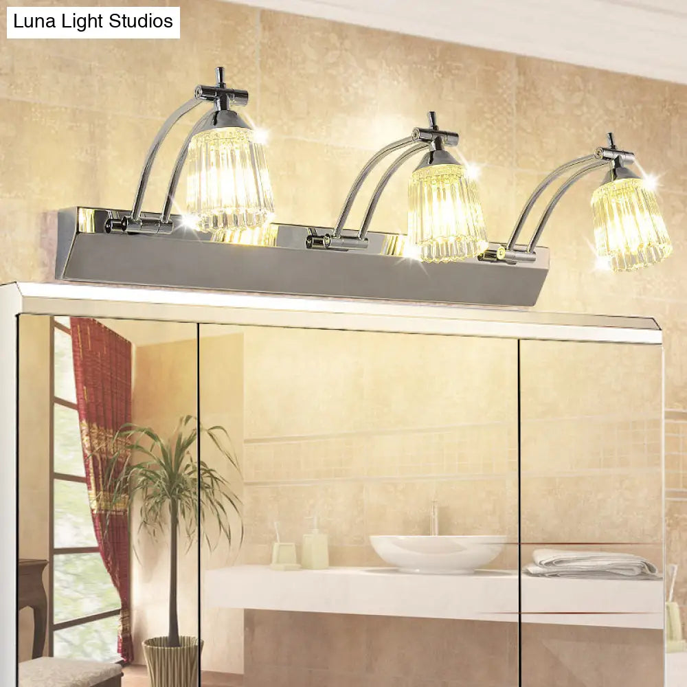Contemporary Crystal Vanity Light - Fluted Clear Shades Silver Finish 3 Heads Warm/White