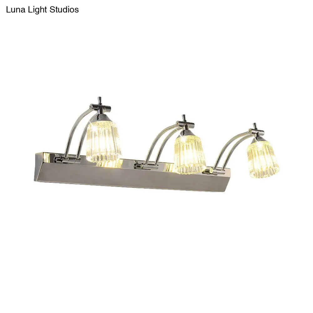 Contemporary Crystal Vanity Light - Fluted Clear Shades Silver Finish 3 Heads Warm/White