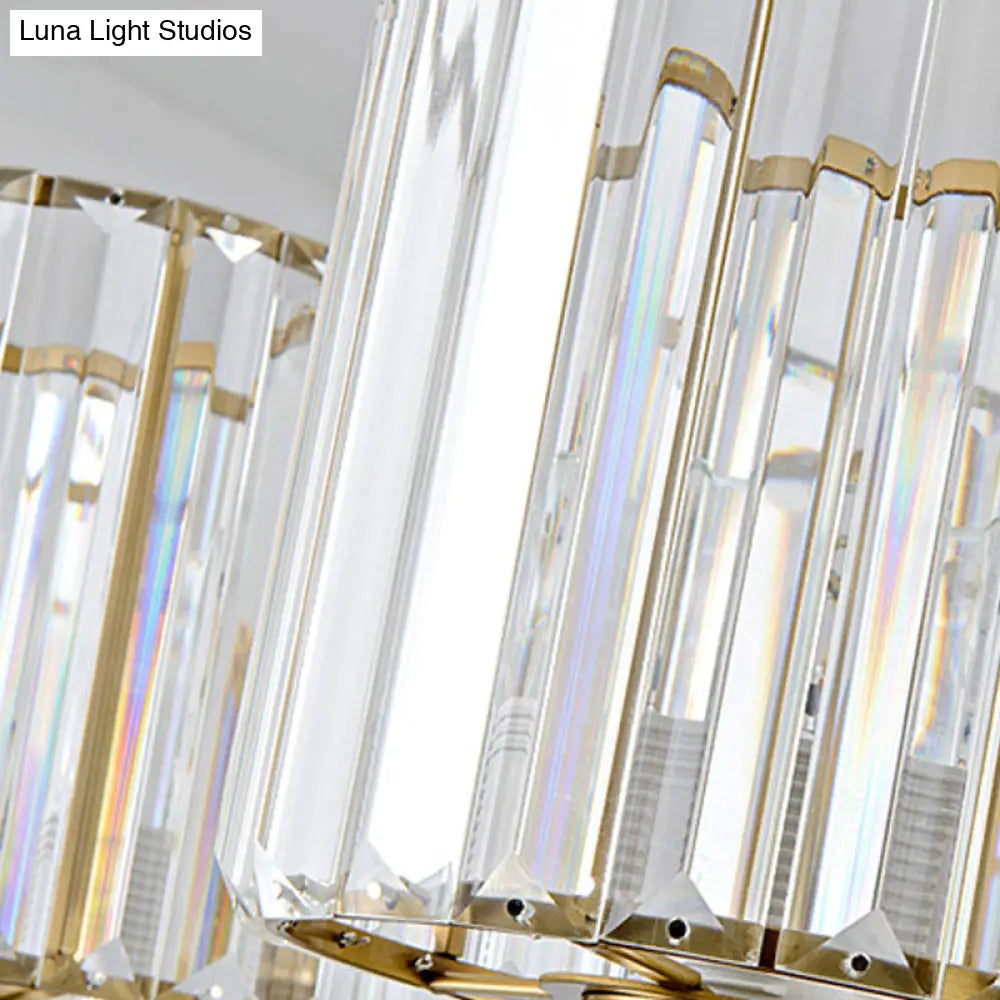 Contemporary Faceted Crystal Cylinder Chandelier - Brass Ceiling Pendant Light With 3/6/8 Bulbs