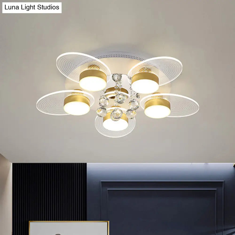Contemporary Floral Crystal Flush Light With 5 Led Bulbs - White Ceiling Lighting Clear Glass Panel