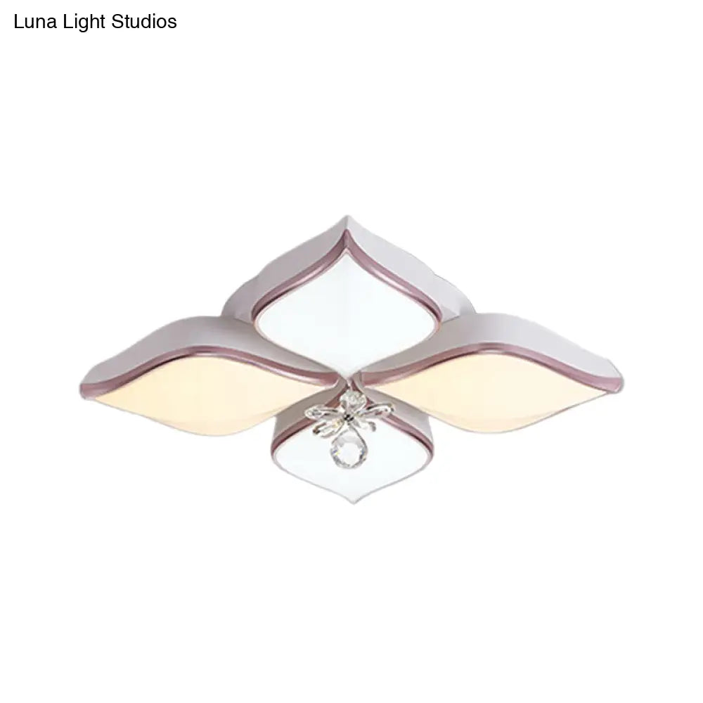 Contemporary Flower Ceiling Mounted Fixture: Acrylic Flush Light In White With Crystal Drop For