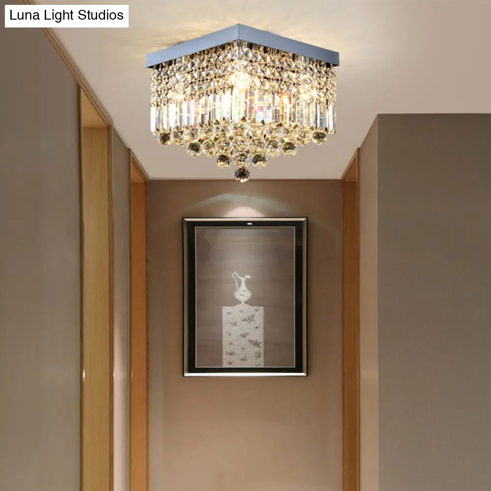 Contemporary Flush Light With Faceted Crystal And 2/4 Heads - Rectangle Corridor Ceiling Mounted In