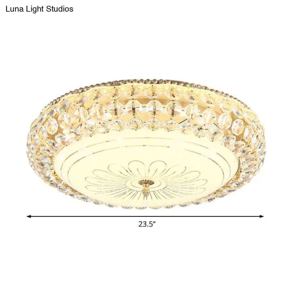 Contemporary Frosted Glass Led Ceiling Light With K9 Crystal In Gold - 12’/16’ Wide