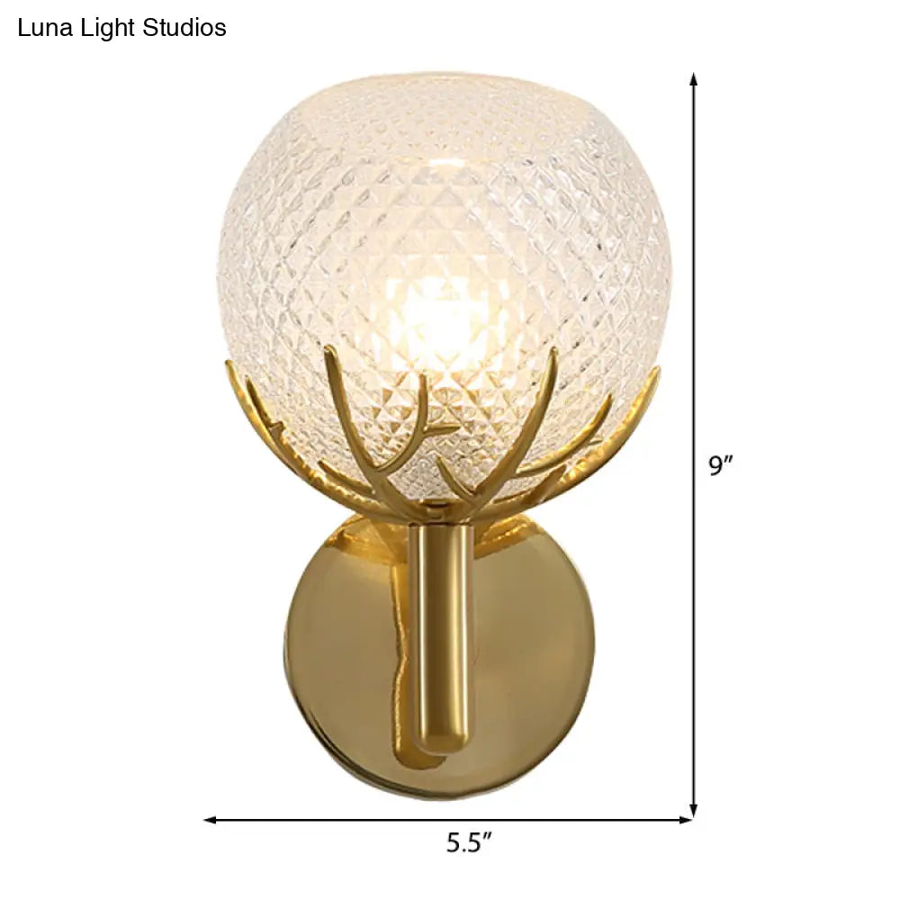 Contemporary Frosted Lattice Glass Wall Lamp - 1 Light Brass Finish Sconce