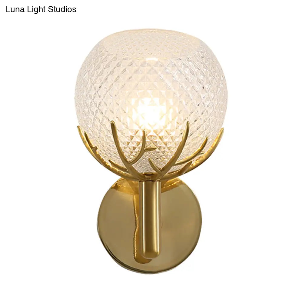 Contemporary Frosted Lattice Glass Wall Lamp - 1 Light Brass Finish Sconce