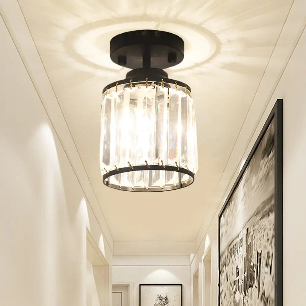 Contemporary Gold/Black Semi Flush Ceiling Light With Crystal Cylinder Shade Black