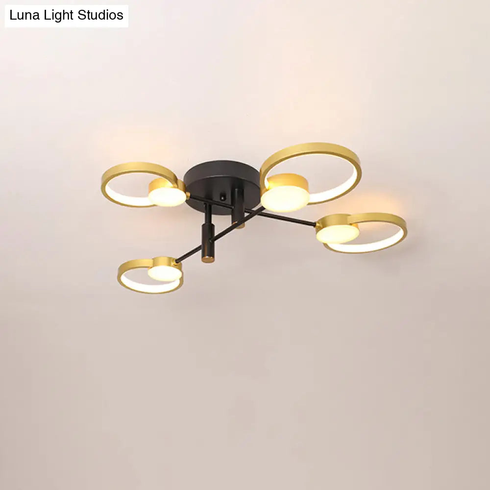 Contemporary Gold Semi Flush Mount Chandelier With Warm/White Light - 4/6 Bulb Metal Ceiling Lamp