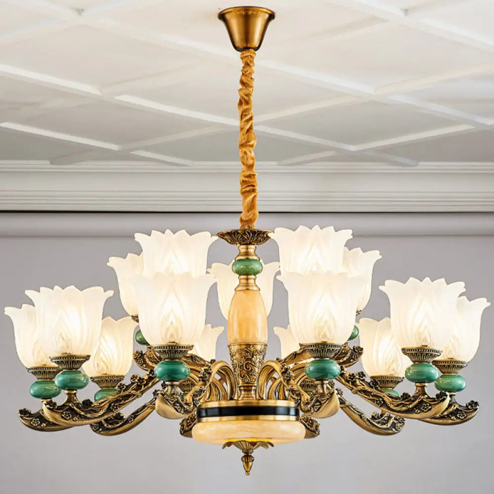 Contemporary Green Chandelier With Frosted Glass Floral Drop Lamp 15 / White