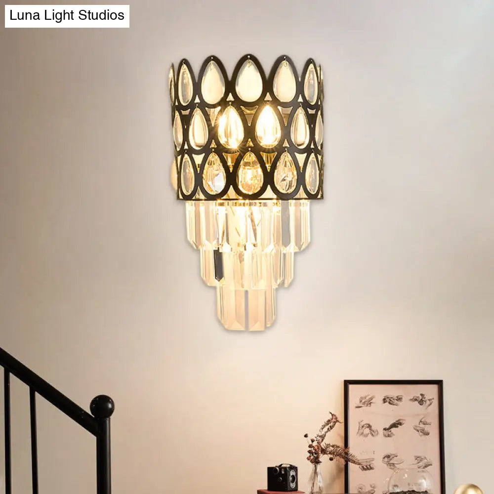 Contemporary Grid Wall Mount Teardrop Crystal Light - 3 Lights Black/Gold Sconce Lamp Fixture