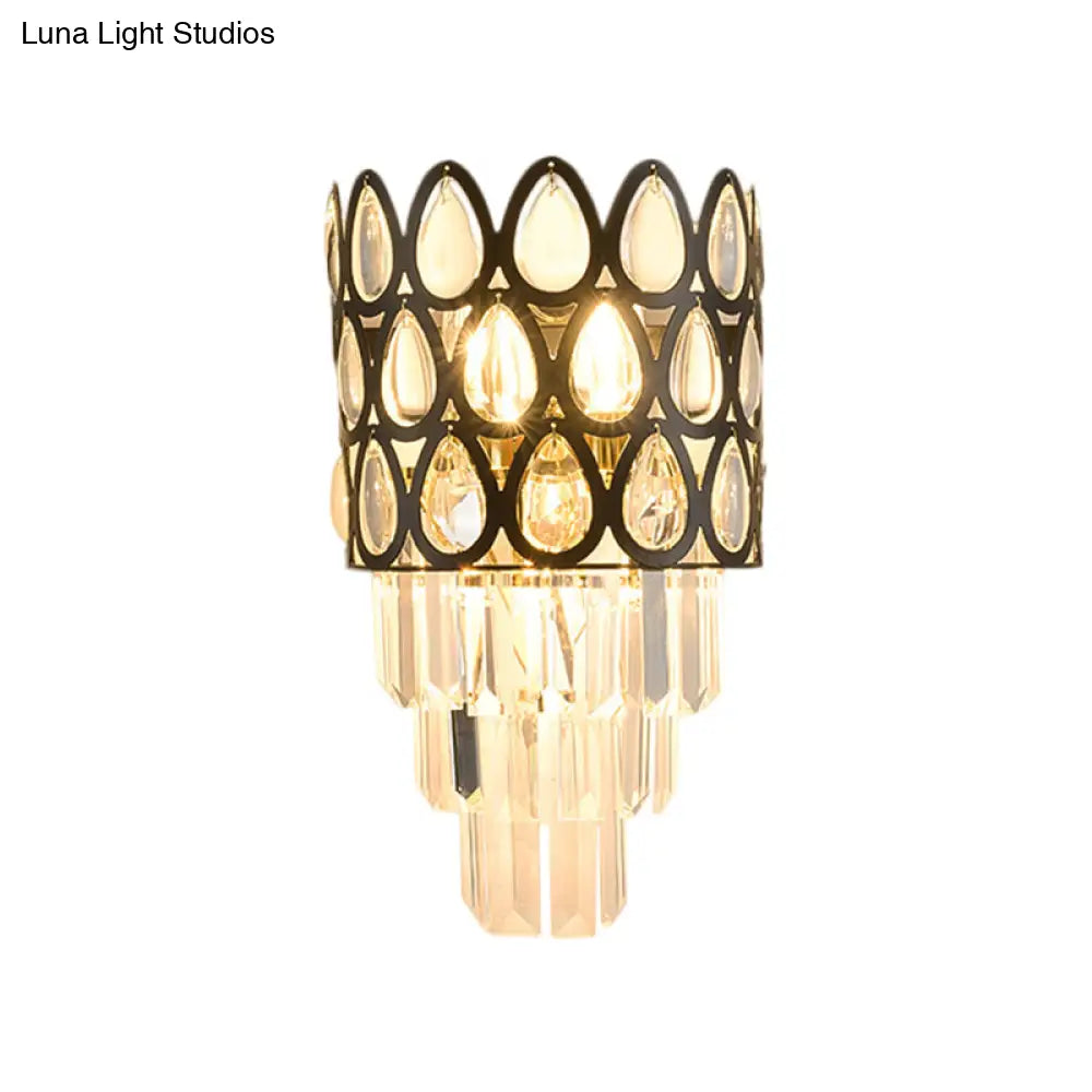 Contemporary Grid Wall Mount Teardrop Crystal Light - 3 Lights Black/Gold Sconce Lamp Fixture