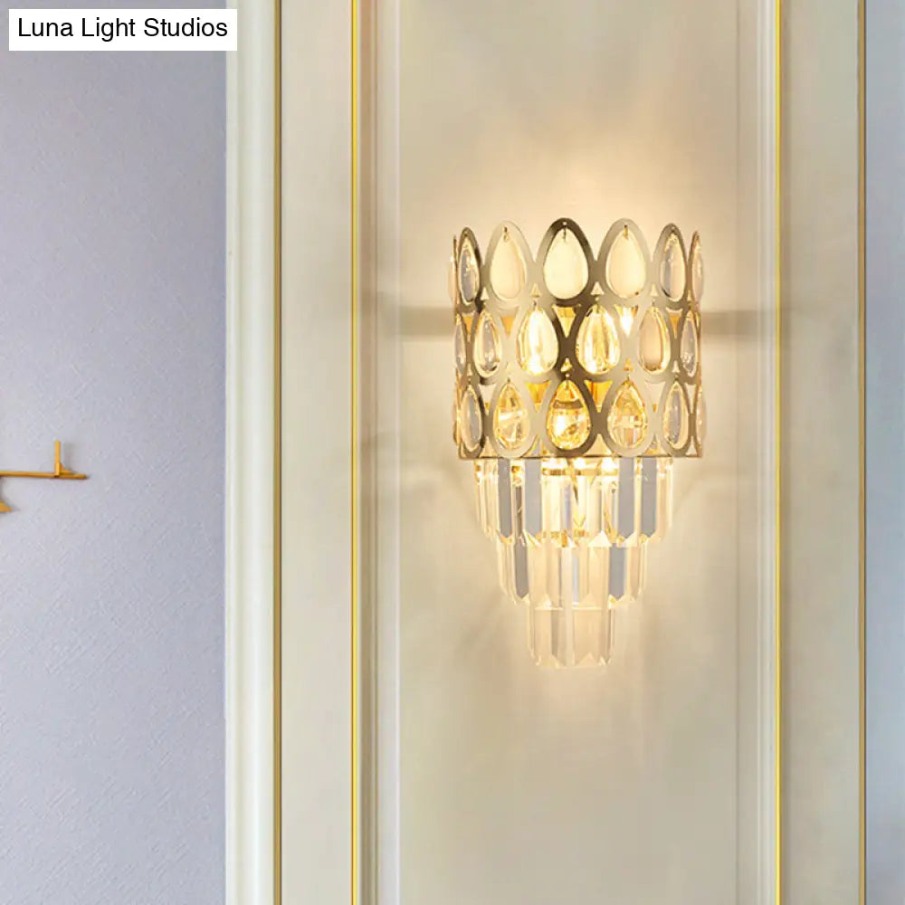 Contemporary Grid Wall Mount Teardrop Crystal Light - 3 Lights Black/Gold Sconce Lamp Fixture