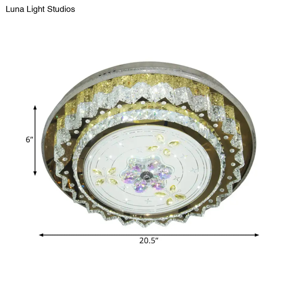 Contemporary Led Bedroom Ceiling Fixture - Crystal Blocks Round Flush Mount In Stainless-Steel