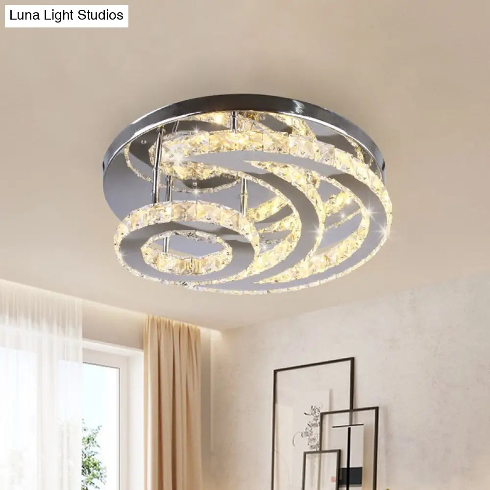 Contemporary Led Flush Ceiling Light: Chrome Moon Mount With Clear Crystal Shade