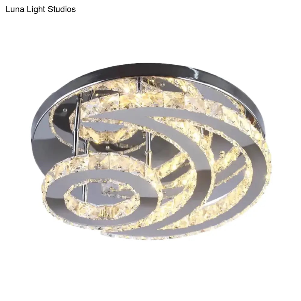 Contemporary Led Flush Ceiling Light: Chrome Moon Mount With Clear Crystal Shade