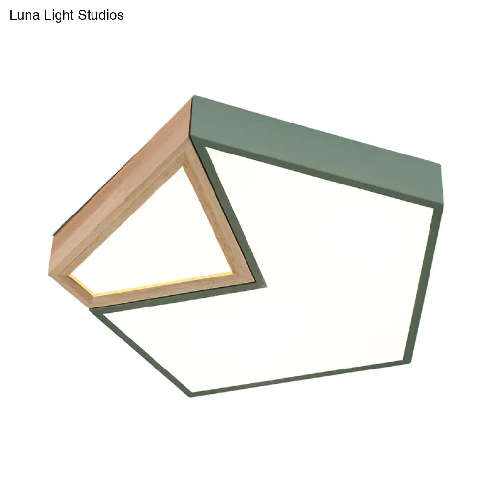Contemporary Led Flushmount Ceiling Light - White/Green Pentagon Design With Warm Glow