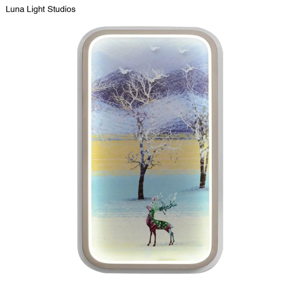 Contemporary Led Metal Wall Lamp: Yellow & Blue Rectangle With Elk Tree Pattern