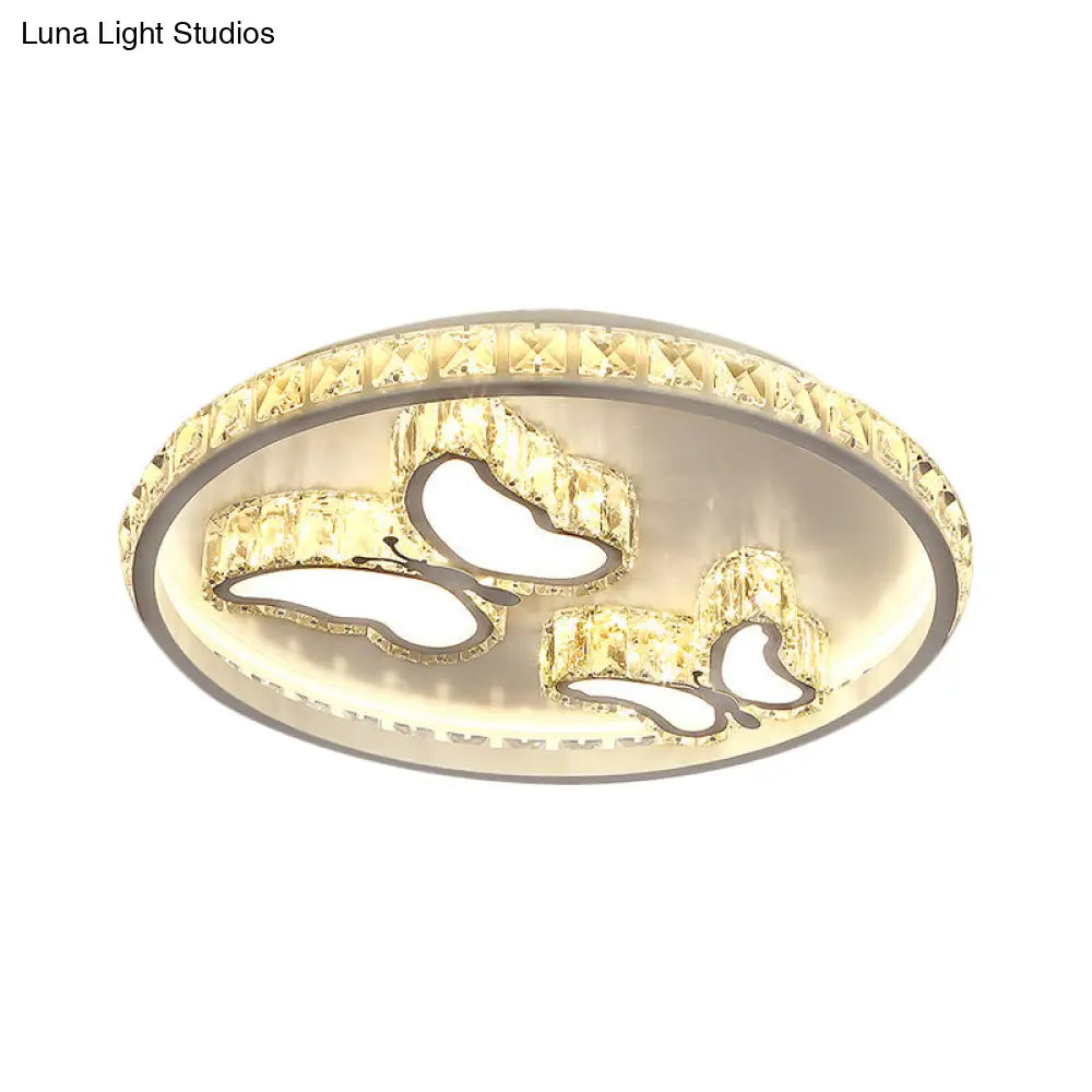 Contemporary Led White Ceiling Mount Fixture With Butterfly/Loving Heart Clear Crystal Blocks