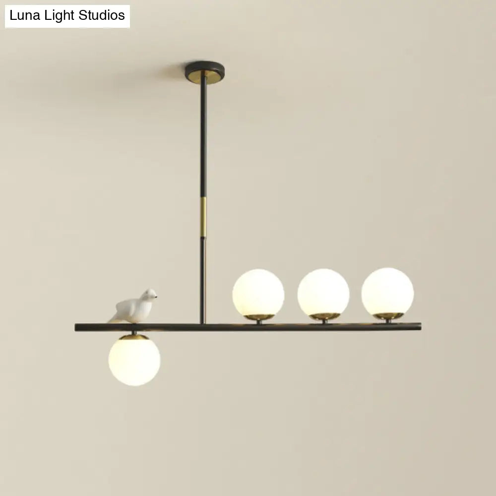 Contemporary Linear/Branch Dining Room Island Lamp - Cream Glass Ball 4 Heads Hanging Pendant With