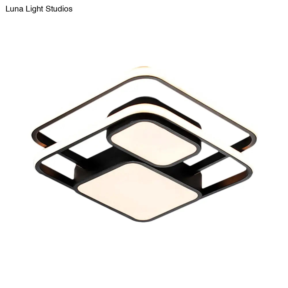 Contemporary Metallic Squared Flush Mount Lamp - White/Black Led Light 16.5’/20.5’ Width White/Warm
