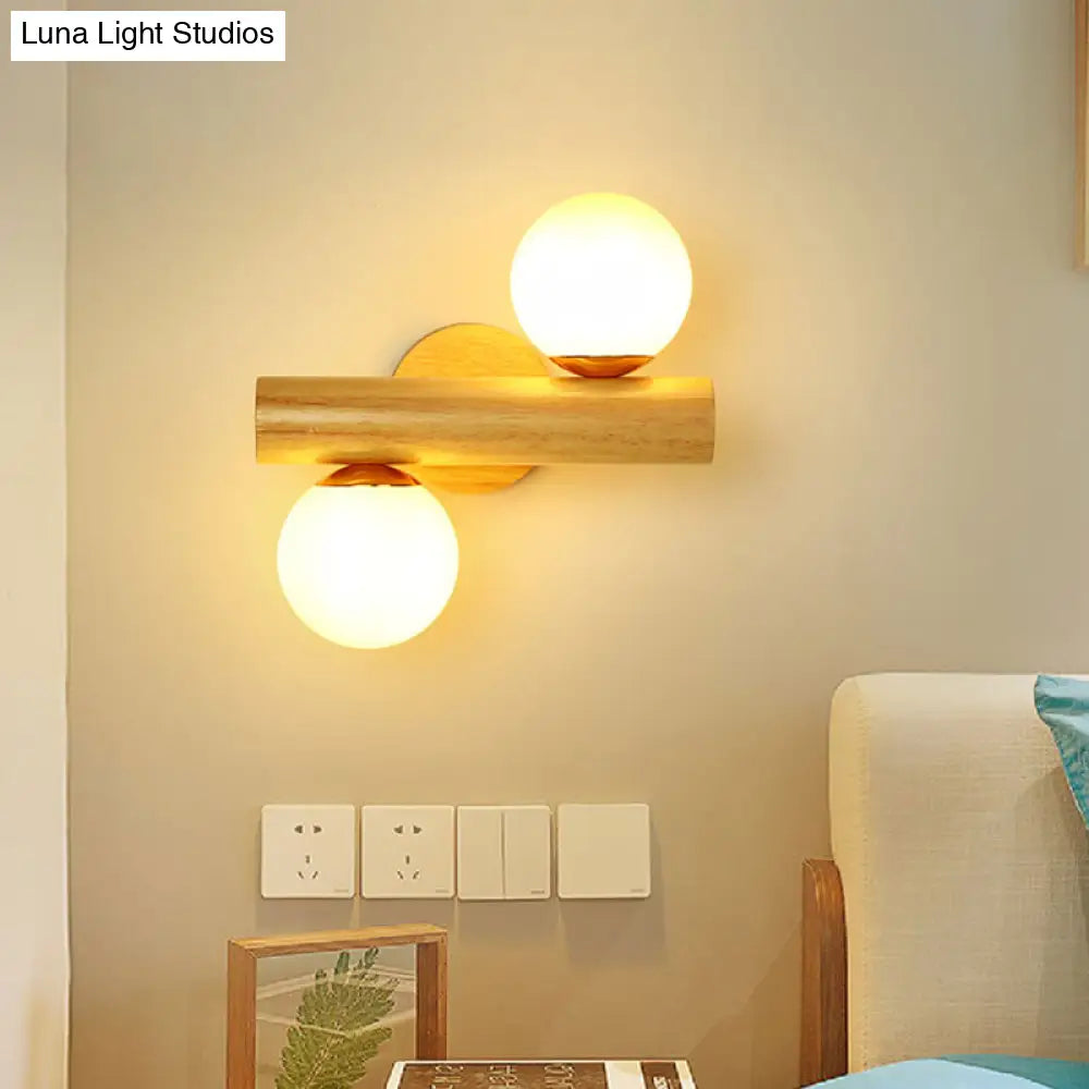 Contemporary Milk Glass Wall Lamp With Wooden Base - 2 Lights In White For Bathroom