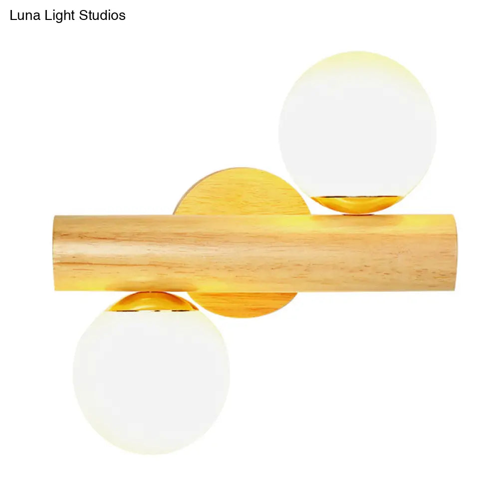 Contemporary Milk Glass Wall Lamp With Wooden Base - 2 Lights In White For Bathroom