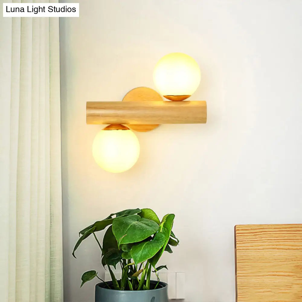 Contemporary Milk Glass Wall Lamp With Wooden Base - 2 Lights In White For Bathroom