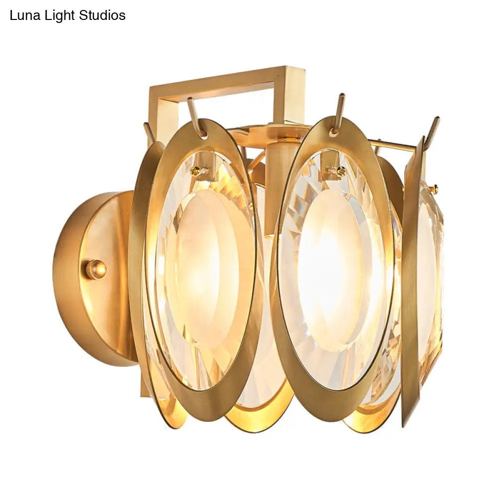 Contemporary Oval Wall Light With Clear Crystal Deco - Metallic 1-Light Fixture For Living Room