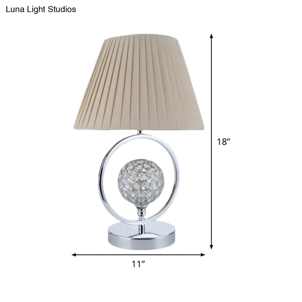 Contemporary Pleated Fabric Table Light - Beige 1-Head Reading Lamp With Crystal Bead