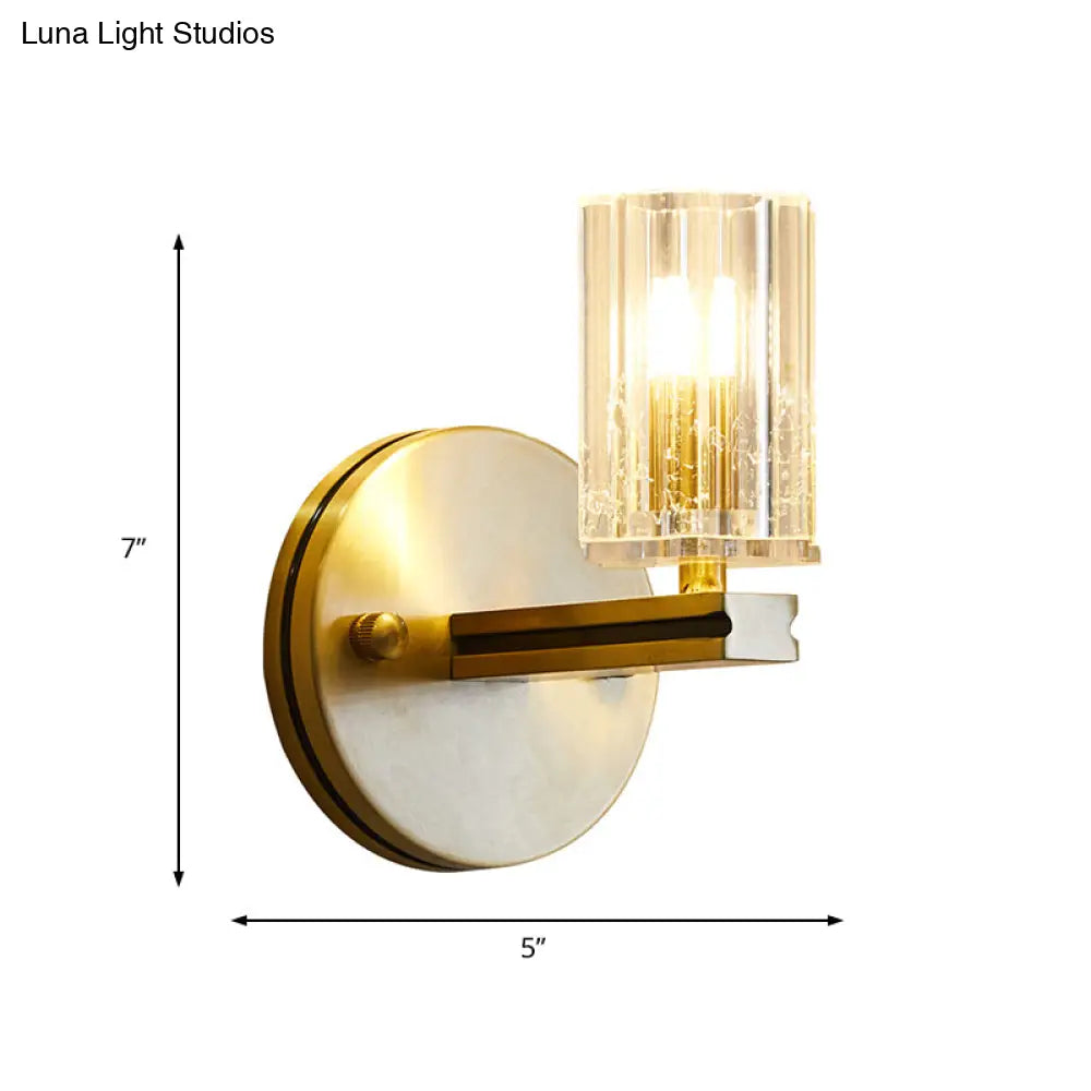 Contemporary Prismatic Crystal Cylinder Sconce Light - Brass Wall Mount