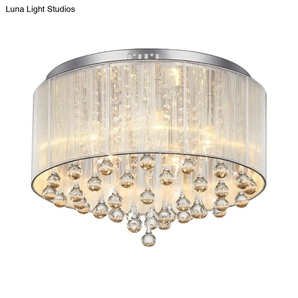 Contemporary Silver Flush Mount Drum Light With 6 - Light Crystal Fixture For Bedrooms