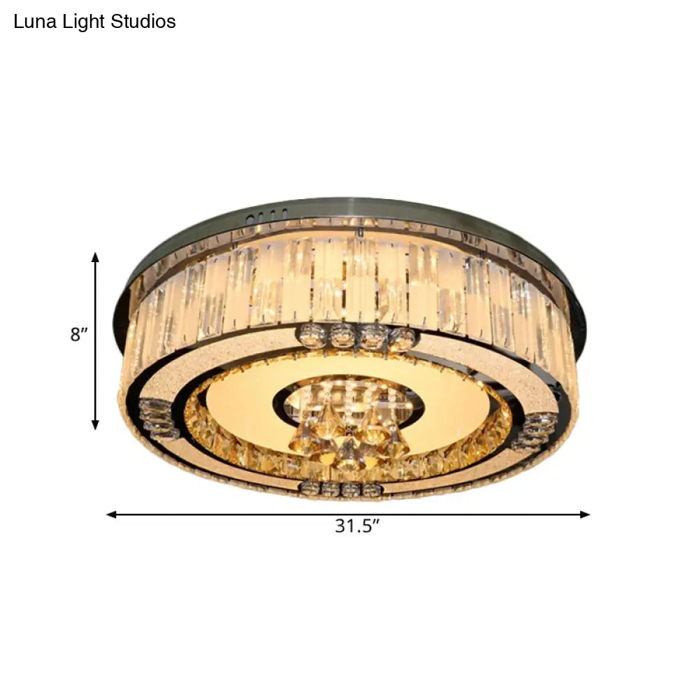 Contemporary Stainless - Steel Drum Flushmount Led Ceiling Light With Crystal Blocks