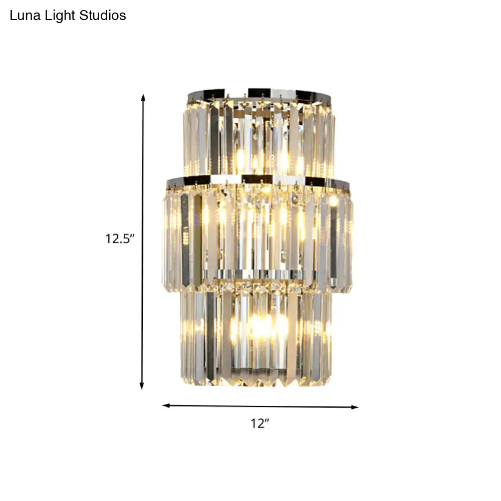 Contemporary Wall Mounted Crystal Cylinder Sconce Light - 3 Silver Lights