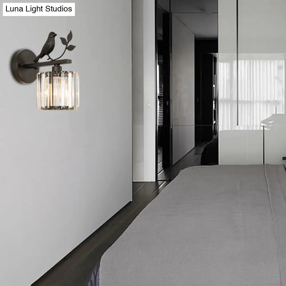 Contemporary Wall Sconce With K9 Crystal Cylinder Bird Accent And Black/Gold Finish