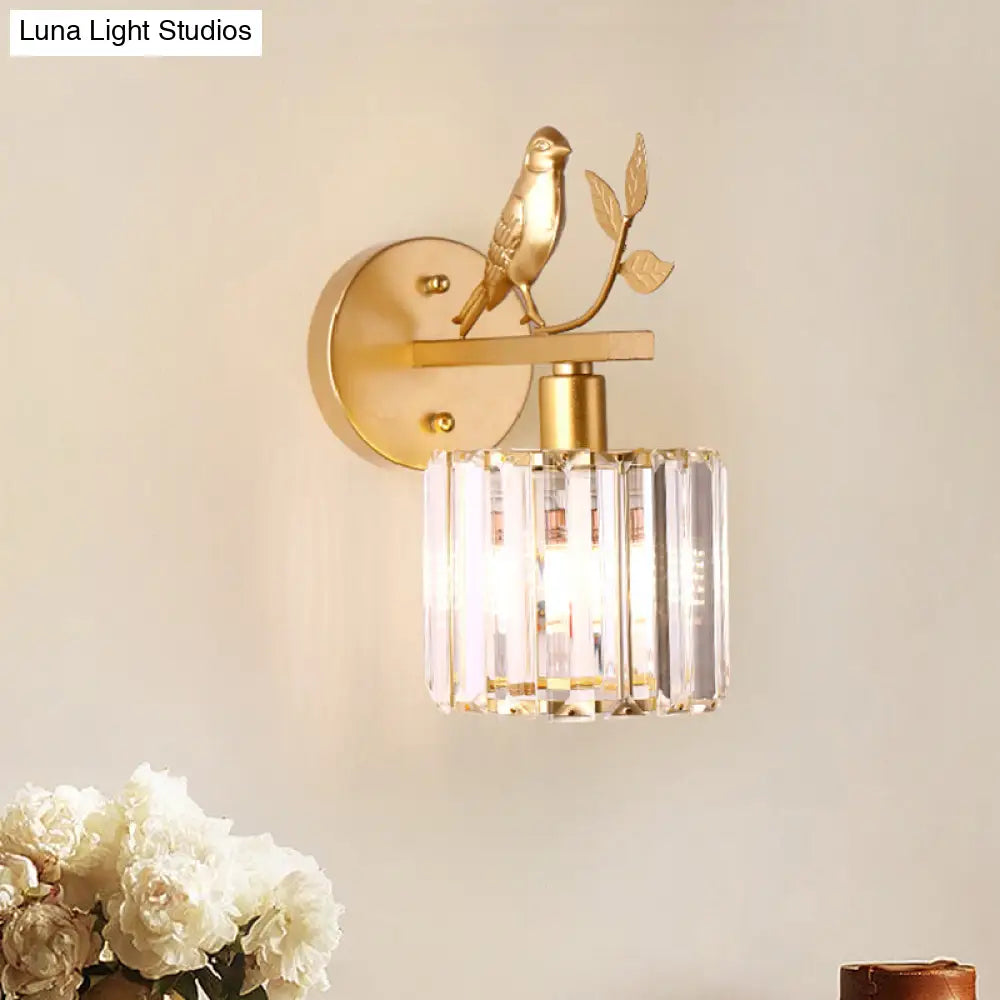 Contemporary Wall Sconce With K9 Crystal Cylinder Bird Accent And Black/Gold Finish