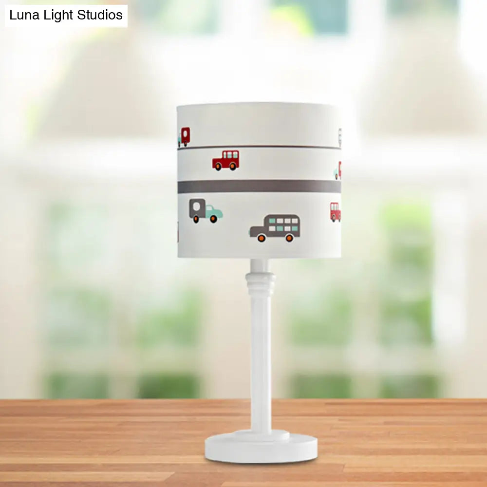 Contemporary White Drum Nightstand Table Lamp With Fabric Shade