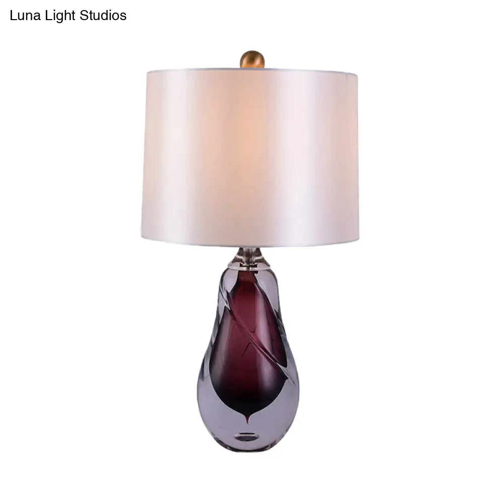 Contemporary White Drum Table Light With Teardrop Red Crystal Base - Small Desk Lamp