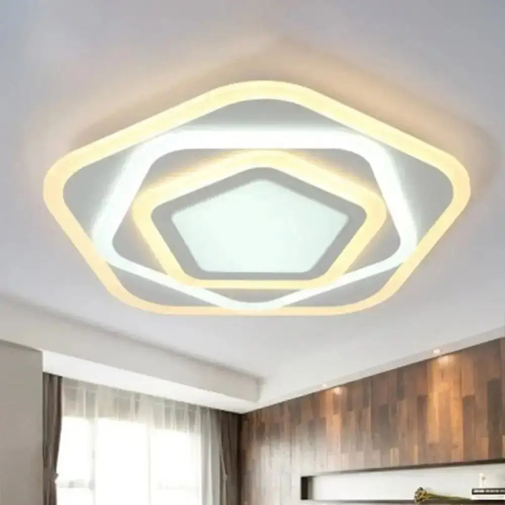 Contemporary White Layered Pentagon Led Flush Light - Warm/White Ceiling Mount Lamp 8’/19.5’