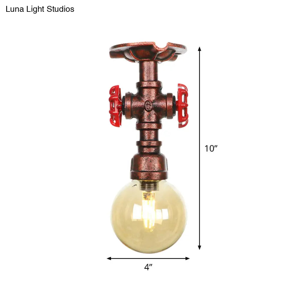 Copper Finish Semi Flush Mount Vintage Ceiling Lamp With Amber Glass Orb