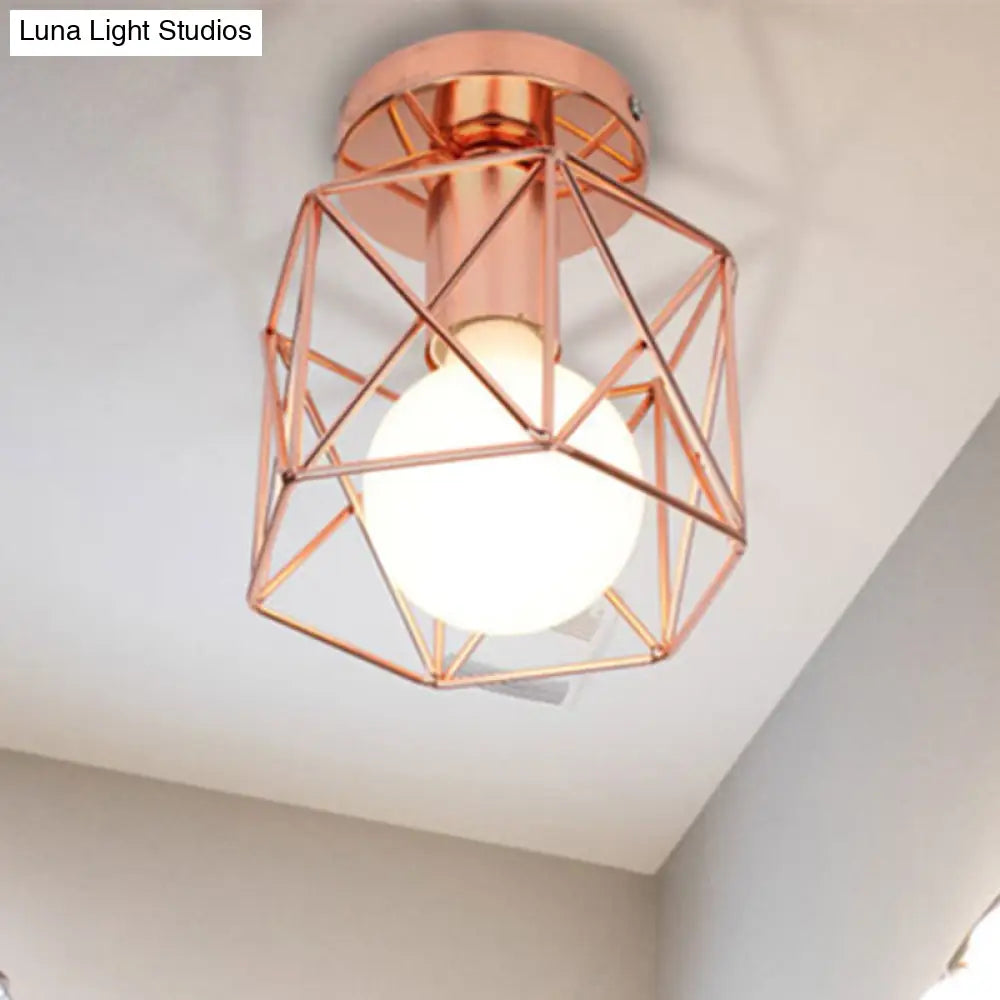 Copper Iron Loft Style Semi Flush Mount Light With Geometric Cage Shade - Bedroom Ceiling Fixture