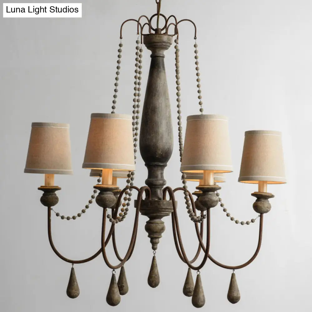 Country Barrel Chandelier: 6-Light Pendant Lighting In Distressed Wood