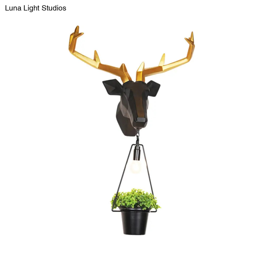 Country Black Resin Sconce Light Fixture - 1 Exposed Bulb Wall Lamp With Deer Backplate Indoor Use