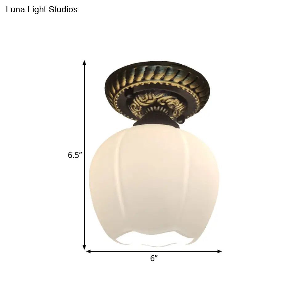 Country Blossom Flush Mount Ceiling Lighting - Single Bulb Milky Glass In Brown
