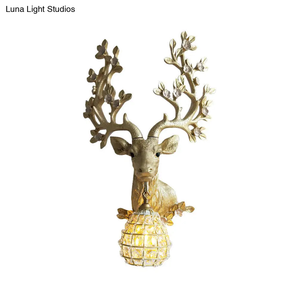 Country Gold Resin Sconce Light With Crystal Shade For Living Room
