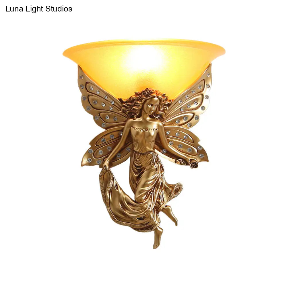 Country Half-Bowl Opal Glass Wall Sconce With Resin Angel - White/Gold