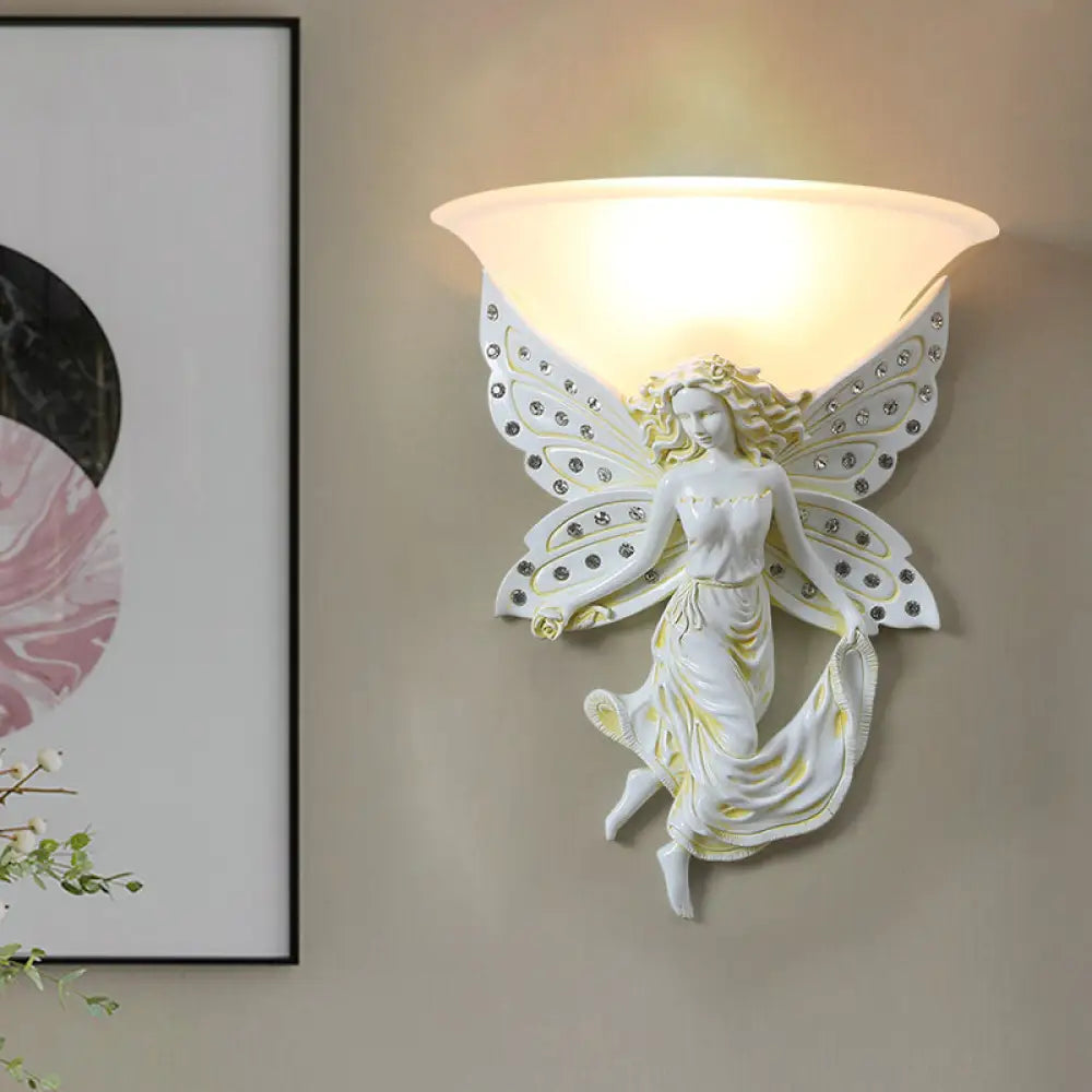 Country Half-Bowl Opal Glass Wall Sconce With Resin Angel - White/Gold White / Right