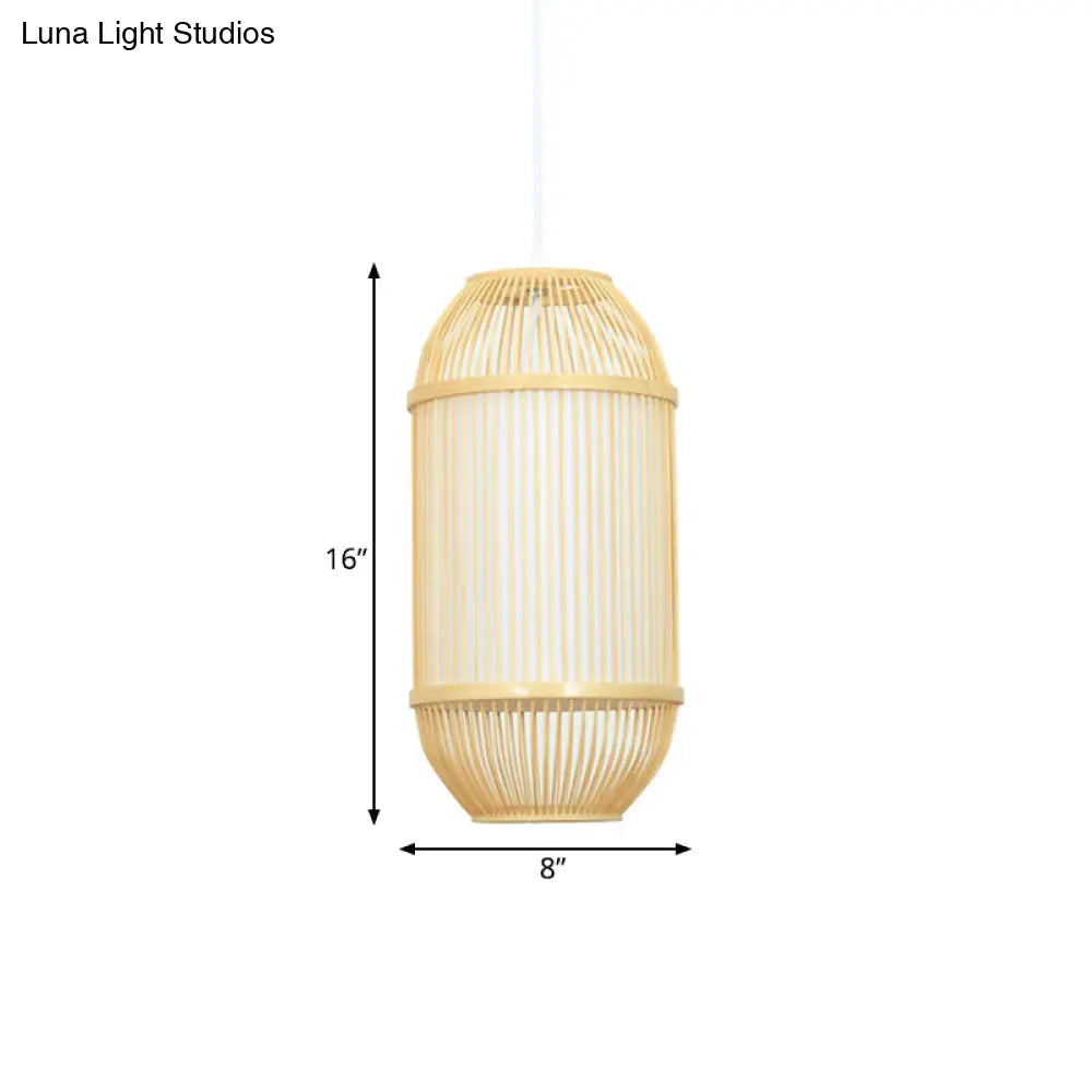 Country Style Bamboo 1-Light Oblong Shade Hanging Lamp - Ideal For Bedroom Ceiling Beige