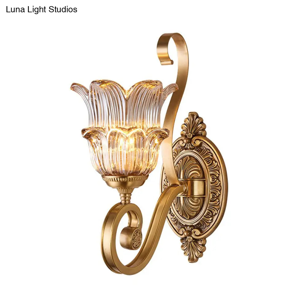 Country-Style Brass Wall Sconce With Crystal Glass Flower Accent And Swooping Arm - 1/2 Bulb Light