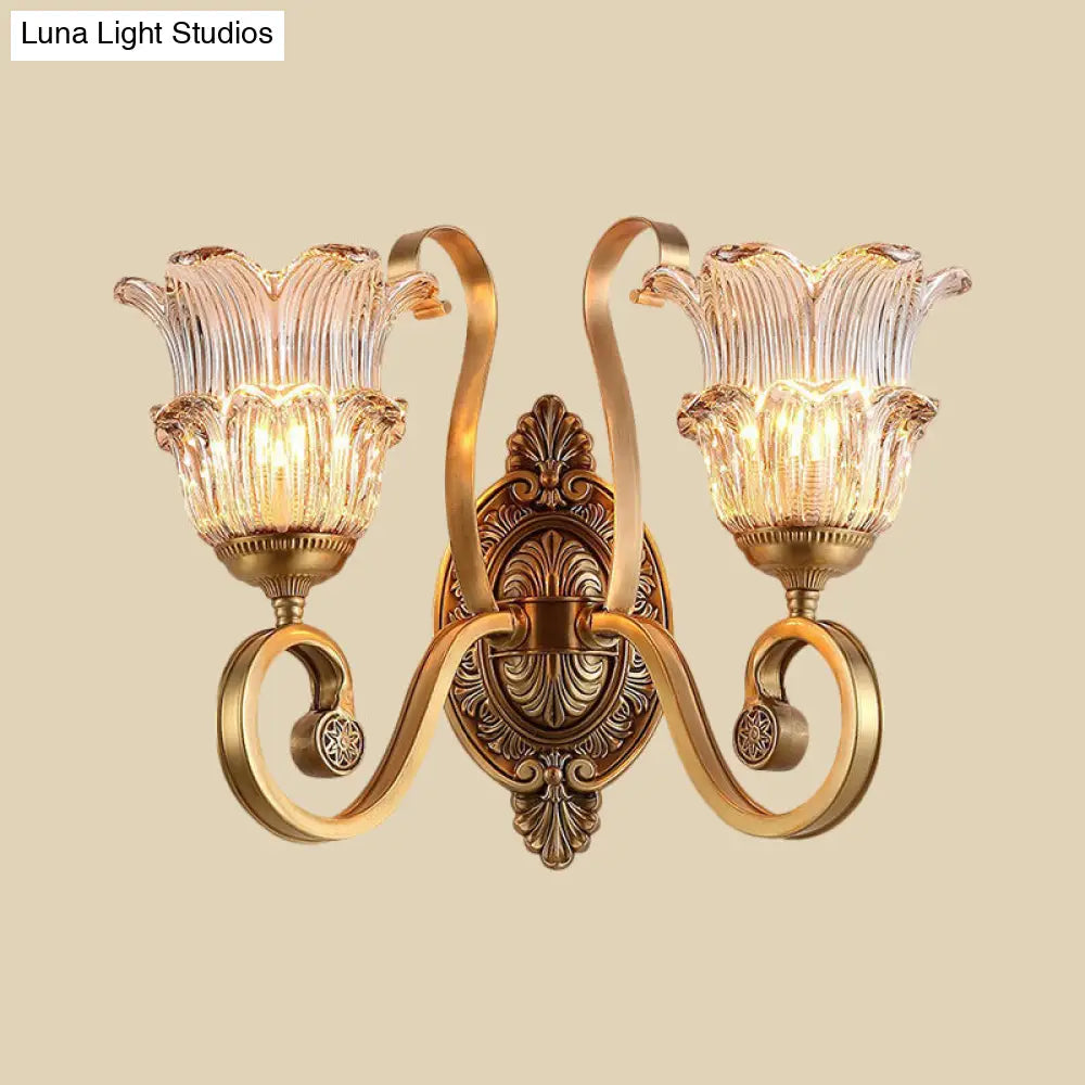 Country-Style Brass Wall Sconce With Crystal Glass Flower Accent And Swooping Arm - 1/2 Bulb Light